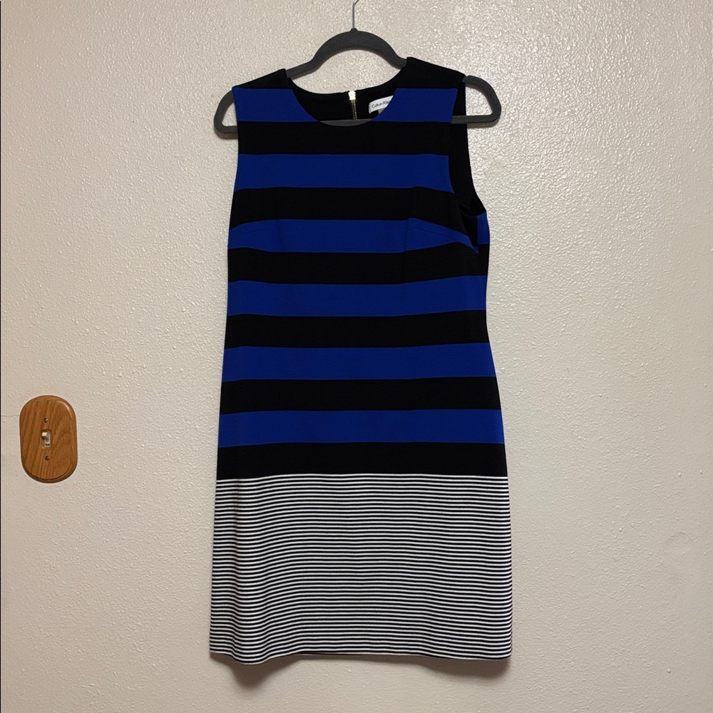 Calvin Klein Royal Blue and Black Striped Sleeveless Shift Dress
